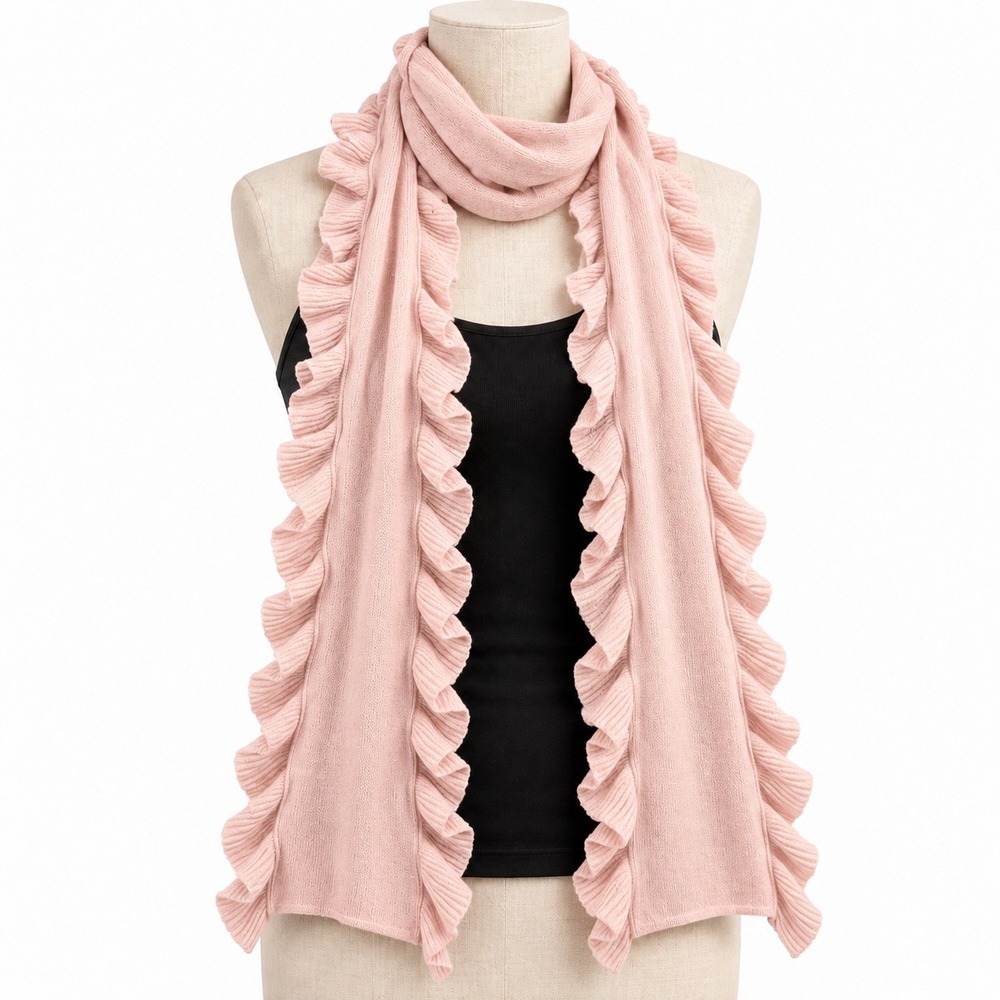 C by Bloomingdales Scarf Womens OS Light Pink Wool Cashmere Ruffle Knit NWT $198